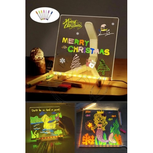 Orta Boy 20 X 20 cm Neon Mesaj Panosu Led Işıklı Yazı Çizim Tahtası Standlı 7 Keçeli Kalemli
