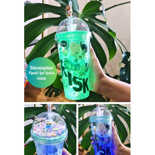 Risk Ayıcık Suluk Pipetli Buzlu Cam Görünümlü Led Işıklı 450 ML Çift Katman Mika 2768 Yeşil