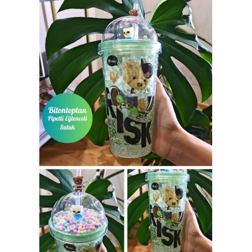 Sevimli Ayıcık Temalı Çift Katman 450 ml Suluk Pipetli Mika Yeşil 2726