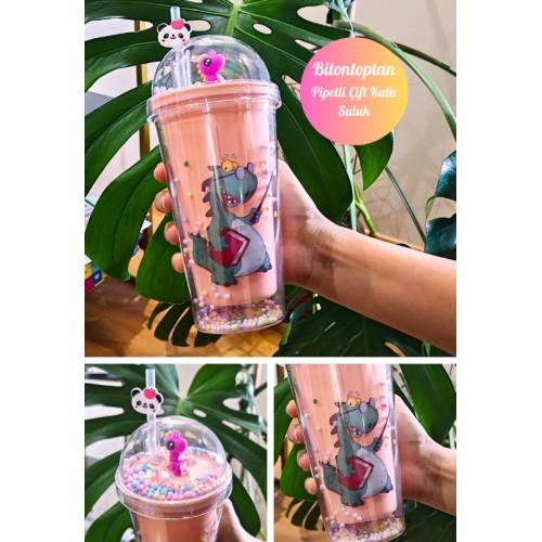 Sevimli Dino Temalı Çift Katman 450 ml Suluk Pipetli Mika Matara Pembe 2769