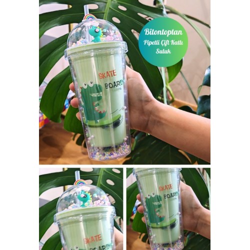 Sevimli Dino Temalı Çift Katman 450 ml Suluk Pipetli Mika Matara Yeşil 2769