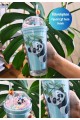 Sevimli Panda Temalı Çift Katman 450ml Suluk Pipetli Mika Matara Mavi 2770