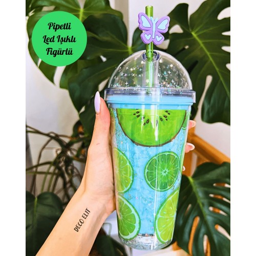 Suluk Pipetli Meyve Görselli Led Işıklı 450 ML Çift Katman Mika Su Şişesi 2096 Kiwi