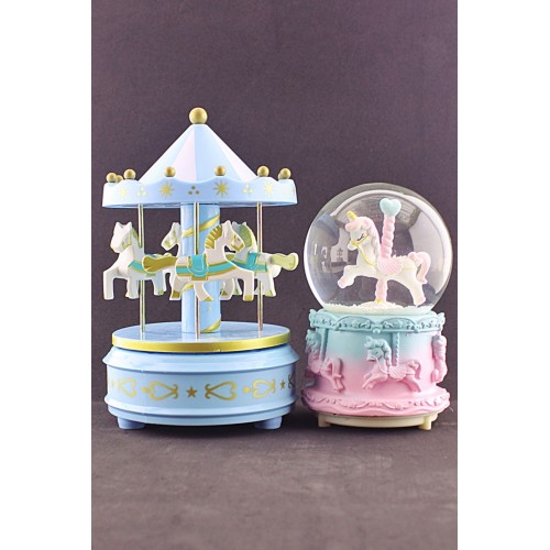 Unicorn Kar Küresi Işıklı Müzikli 12 cm ve Mavi Atlıkarınca Set
