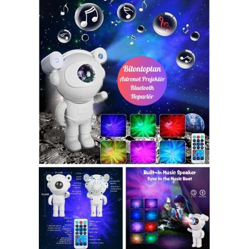 Yeni Nesil Bluetooth Hoparlörlü Astronot Yıldız Gezegen Projektörü Kumandalı Gece Lambası Büyük Boy