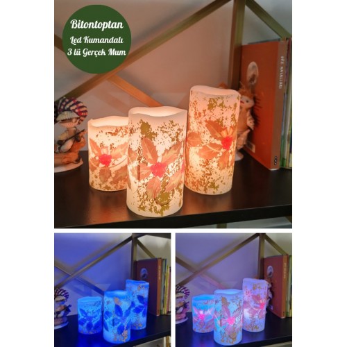 Yılbaşı Noel Temalı 3 lü Set Led Gerçek Mum Kumandalı 9 Renk Yanabilme  ve Animasyonlu Büyük Boy